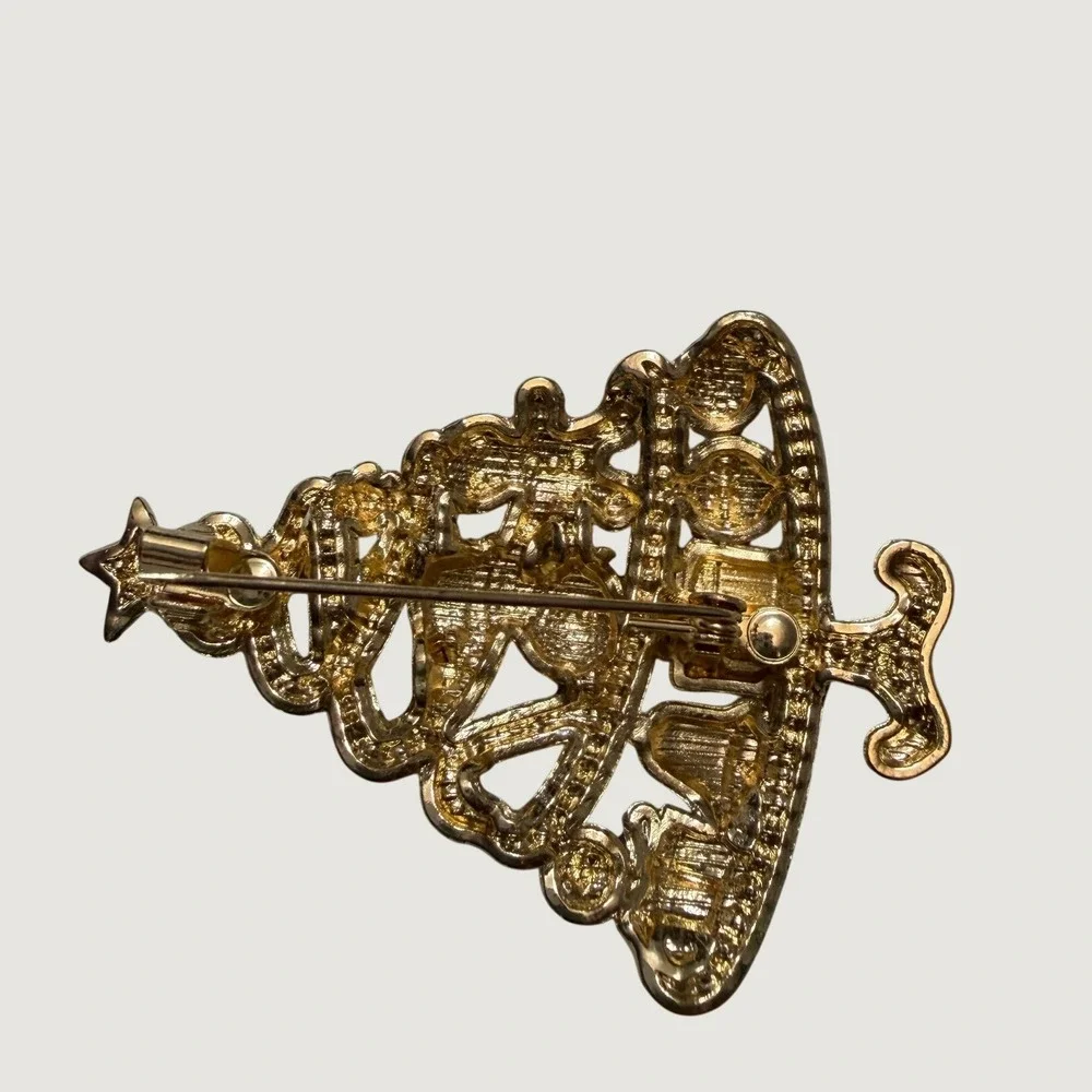 Christmas Tree Brooch Gold Tone Rhinestone Snowman Gingerbread Star Holiday Pin